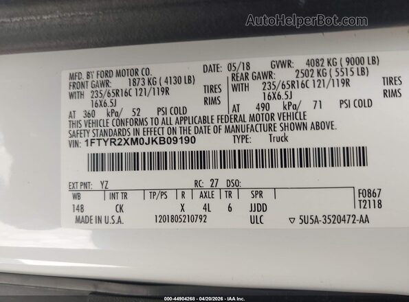 1FTYR2XM0JKB09190 2018 FORD TRANSIT-250 Белый Вид подкапотного пространства
