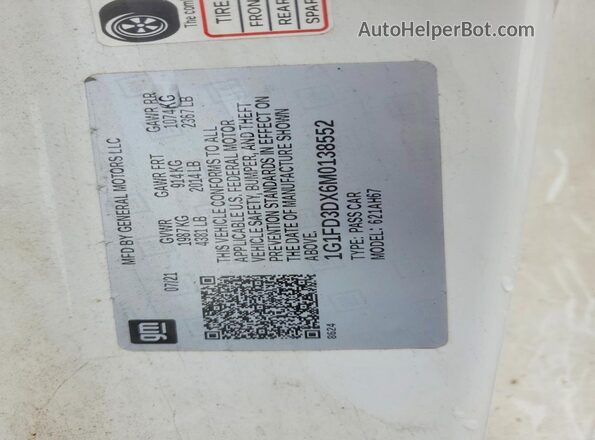 1G1FD3DX6M0138552 2021 CHEVROLET CAMARO Белый Вид наклейки с VIN-кодом