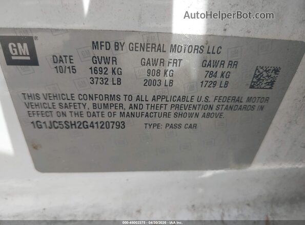 1G1JC5SH2G4120793 2016 CHEVROLET SONIC White Widok komory silnika