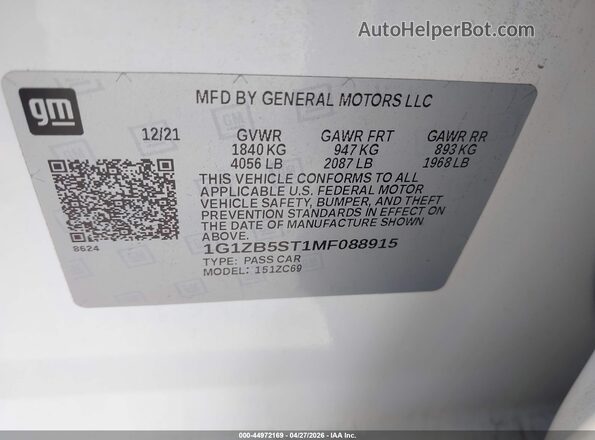 1G1ZB5ST1MF088915 2021 CHEVROLET MALIBU Белый Вид подкапотного пространства