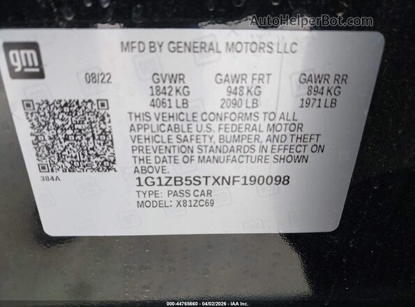 1G1ZB5STXNF190098 2022 CHEVROLET MALIBU Black Շարժիչի բաժամունքի տեսք