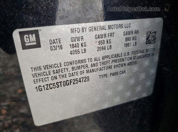 1G1ZC5ST0GF254729 2016 CHEVROLET MALIBU Черный Вид наклейки с VIN-кодом