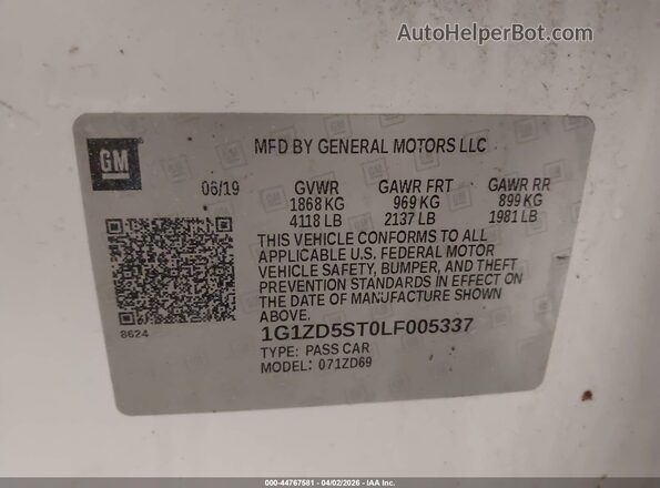 1G1ZD5ST0LF005337 2020 CHEVROLET MALIBU White Vista del compartimento del motor