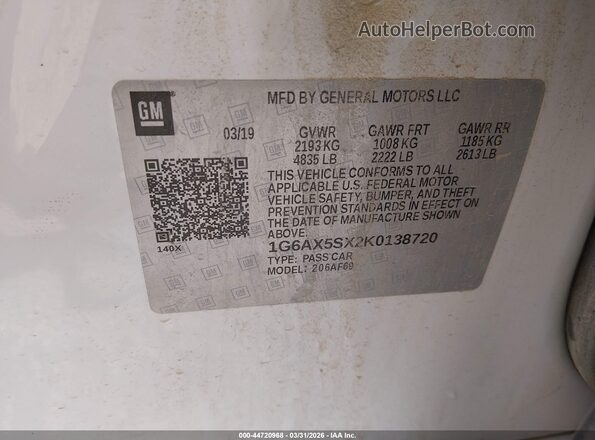 1G6AX5SX2K0138720 2019 CADILLAC CTS White Widok komory silnika