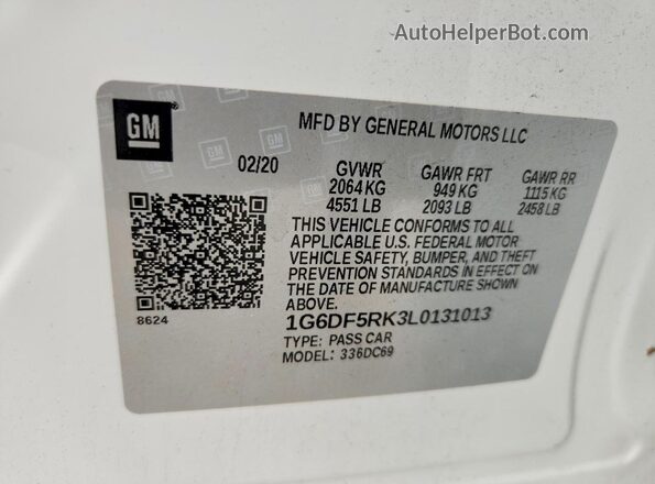 1G6DF5RK3L0131013 2020 CADILLAC CT4 Белый Вид наклейки с VIN-кодом