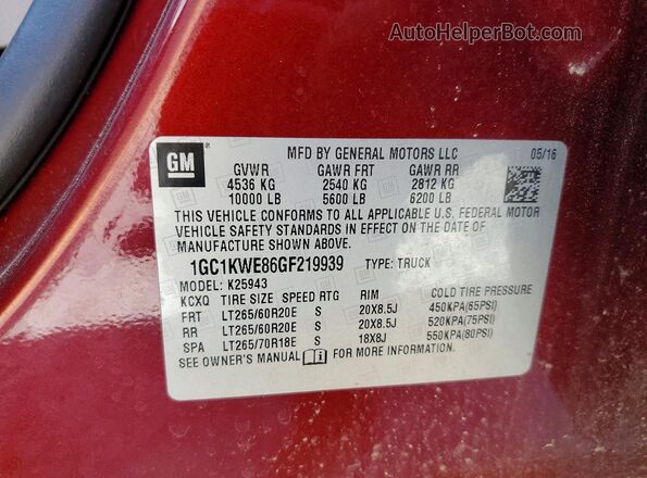 1GC1KWE86GF219939 2016 CHEVROLET SILVERADO Бордовый Вид наклейки с VIN-кодом