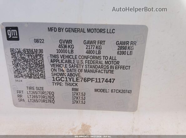 1GC1YLE76PF117447 2023 CHEVROLET SILVERADO White Vista del compartimento del motor