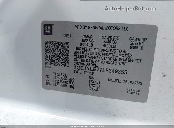 1GC1YLE77LF349355 2020 CHEVROLET SILVERADO White Widok komory silnika