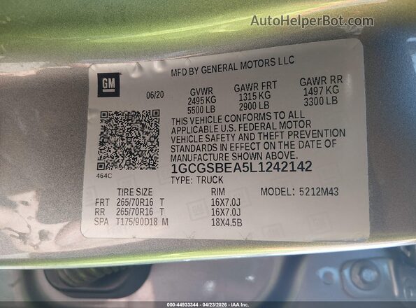 1GCGSBEA5L1242142 2020 CHEVROLET COLORADO Серый Вид подкапотного пространства