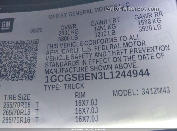 1GCGSBEN3L1244944 2020 CHEVROLET COLORADO Black Widok komory silnika
