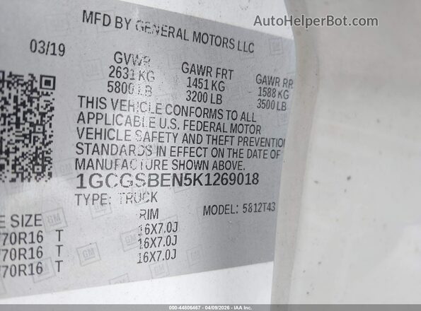 1GCGSBEN5K1269018 2019 CHEVROLET COLORADO White ძრავის განყოფილების ხედი