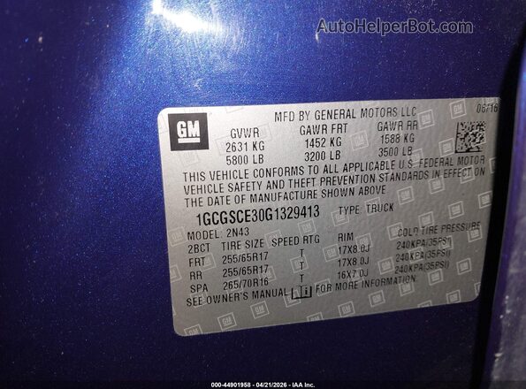 1GCGSCE30G1329413 2016 CHEVROLET COLORADO Blue VIN sticker view