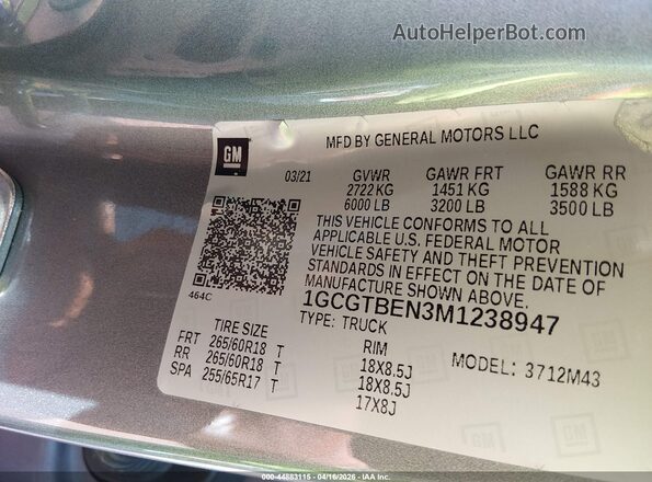 1GCGTBEN3M1238947 2021 CHEVROLET COLORADO Серый Вид подкапотного пространства
