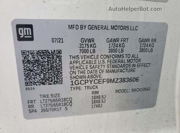 1GCPYCEF9MZ383606 2021 CHEVROLET SILVERADO Белый Вид наклейки с VIN-кодом