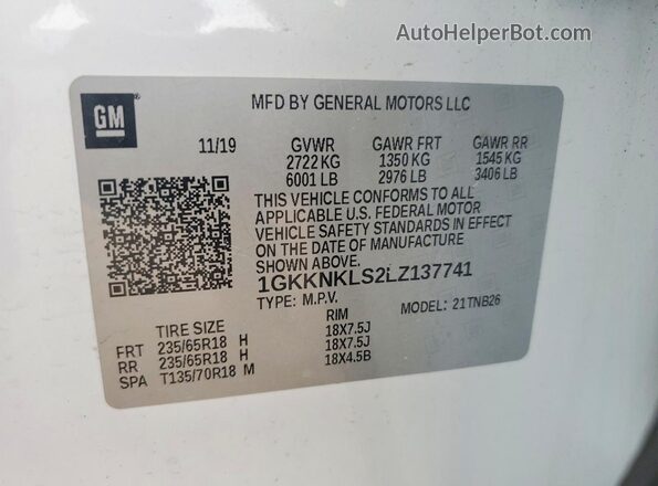1GKKNKLS2LZ137741 2020 GMC ACADIA Белый Вид наклейки с VIN-кодом