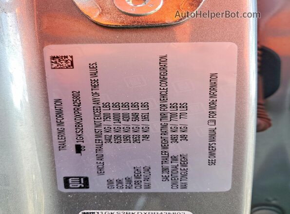 1GKS2BKDXPR425802 2023 GMC YUKON Gray VIN კოდის სტიკერის ხედი