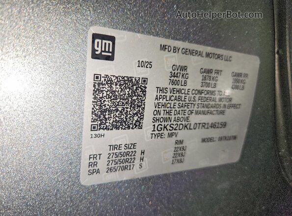 1GKS2DKL0TR146159 2026 GMC YUKON Серый Вид наклейки с VIN-кодом