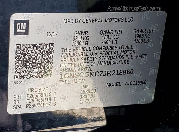 1GNSCGKC7JR218960 2018 CHEVROLET SUBURBAN Black Widok naklejki z numerem VIN