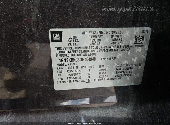 1GNSKBKC5GR464940 2016 CHEVROLET TAHOE Black Vista del compartimento del motor