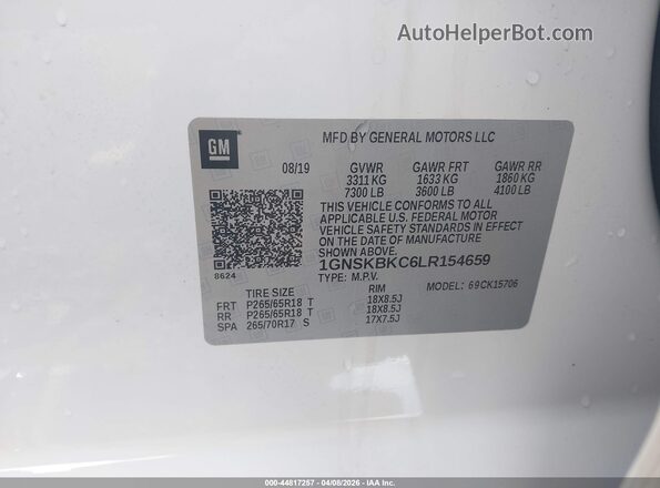 1GNSKBKC6LR154659 2020 CHEVROLET TAHOE Белый Вид подкапотного пространства