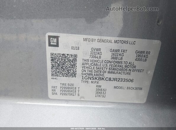 1GNSKBKC8JR233506 2018 CHEVROLET TAHOE Gray Vista del compartimento del motor