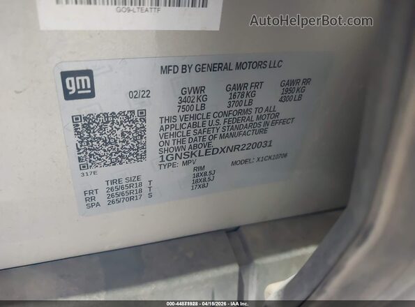 1GNSKLEDXNR220031 2022 CHEVROLET TAHOE Pewter Вид подкапотного пространства