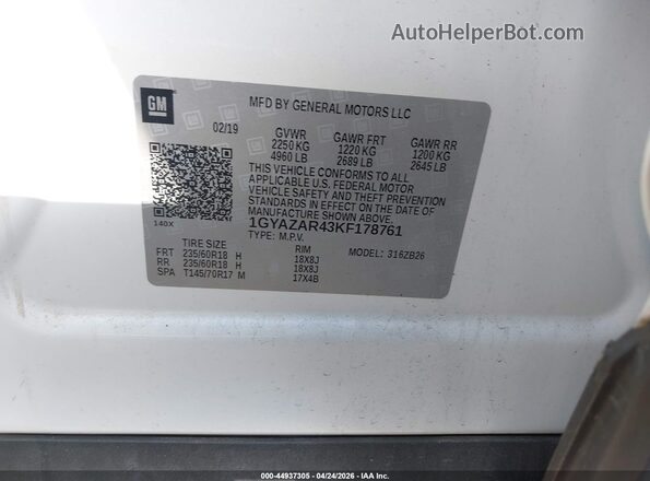 1GYAZAR43KF178761 2019 CADILLAC XT4 White Vista del compartimento del motor