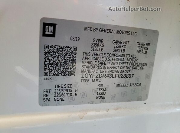 1GYFZDR43LF028867 2020 CADILLAC XT4 Белый Панорамный вид салона 360°