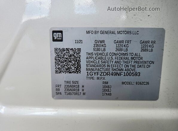 1GYFZDR49NF100593 2022 CADILLAC XT4 White VIN sticker view