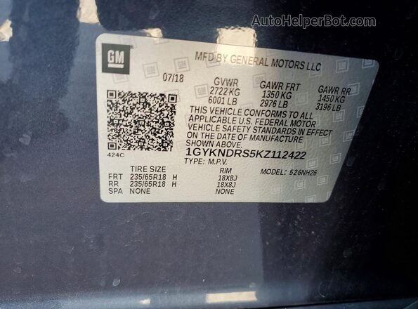 1GYKNDRS5KZ112422 2019 CADILLAC XT5 Синий Вид наклейки с VIN-кодом