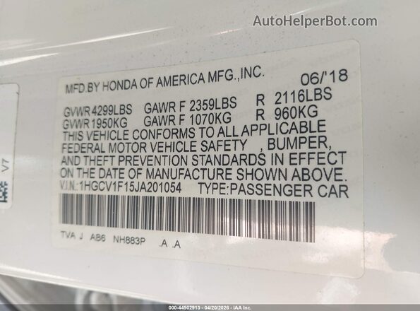 1HGCV1F15JA201054 2018 HONDA ACCORD Белый Вид подкапотного пространства