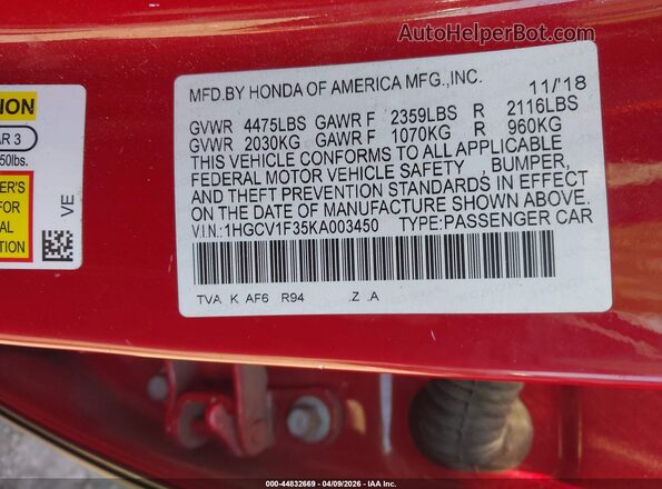 1HGCV1F35KA003450 2019 HONDA ACCORD Красный Вид подкапотного пространства