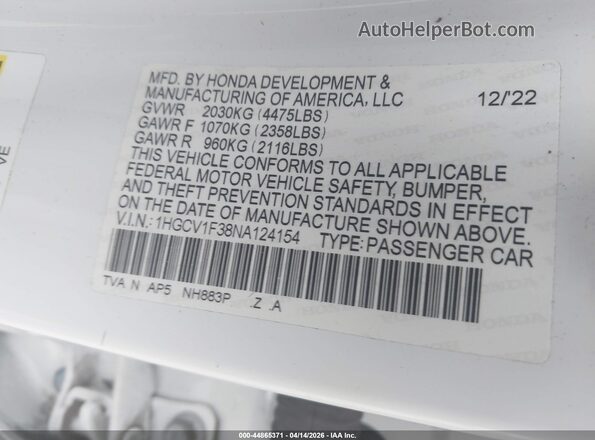 1HGCV1F38NA124154 2022 HONDA ACCORD White Widok komory silnika