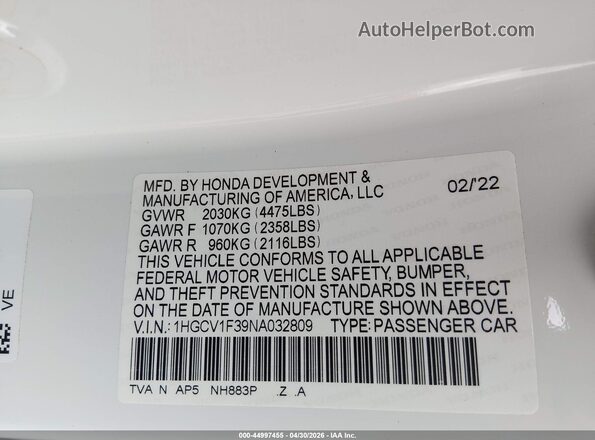 1HGCV1F39NA032809 2022 HONDA ACCORD White Widok komory silnika