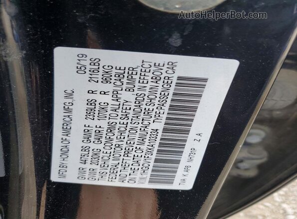1HGCV1F3XKA103334 2019 HONDA ACCORD Черный Вид подкапотного пространства