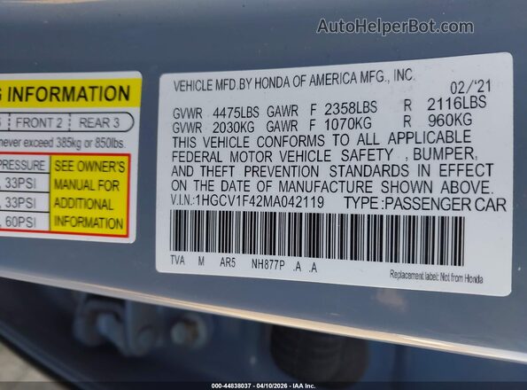 1HGCV1F42MA042119 2021 HONDA ACCORD Серый Вид подкапотного пространства