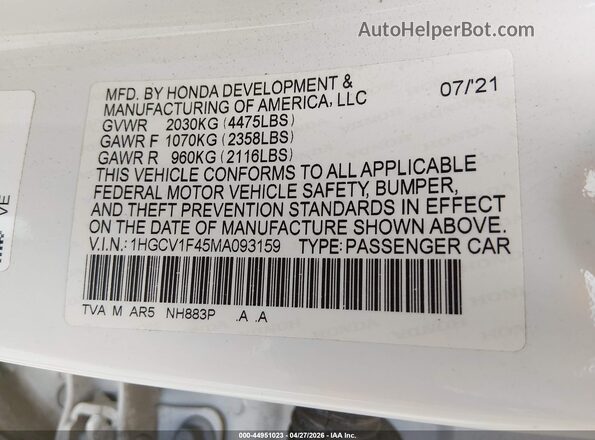 1HGCV1F45MA093159 2021 HONDA ACCORD Белый Вид подкапотного пространства