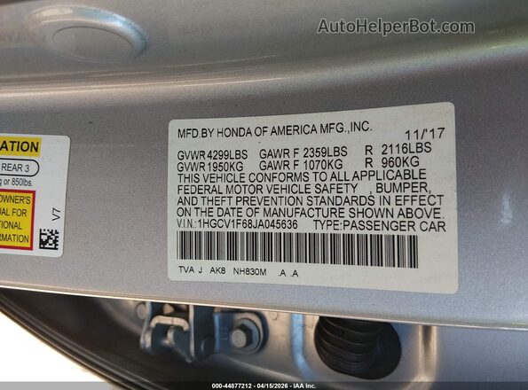 1HGCV1F68JA045636 2018 HONDA ACCORD Серебряный Вид подкапотного пространства