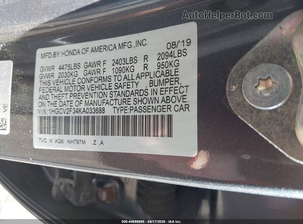 1HGCV2F34KA033688 2019 HONDA ACCORD Gray Widok komory silnika