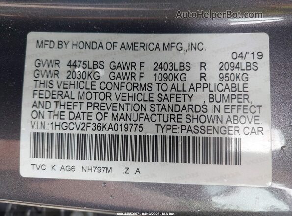 1HGCV2F36KA019775 2019 HONDA ACCORD Gray ძრავის განყოფილების ხედი