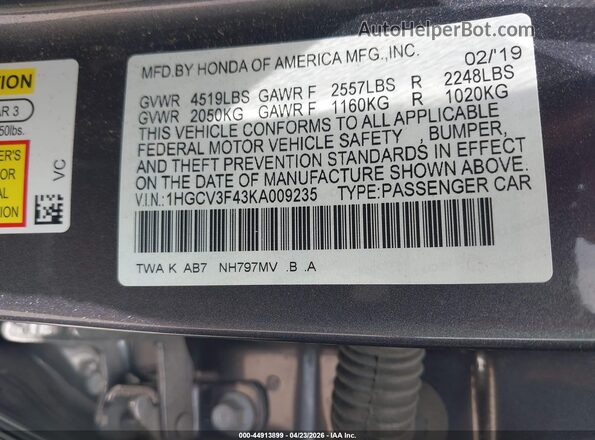 1HGCV3F43KA009235 2019 HONDA ACCORD HYBRID Gray Vista del compartimento del motor