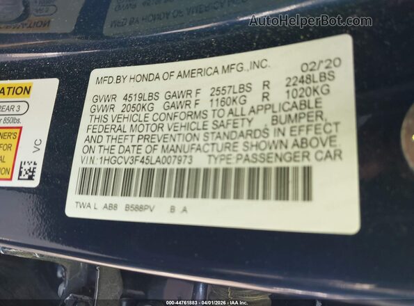 1HGCV3F45LA007973 2020 HONDA ACCORD HYBRID Dark Blue Вид подкапотного пространства