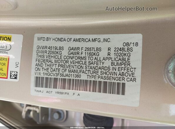 1HGCV3F56JA011360 2018 HONDA ACCORD HYBRID Золотой Вид подкапотного пространства