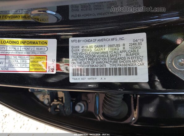 1HGCV3F59KA013475 2019 HONDA ACCORD HYBRID Black Vista del compartimento del motor