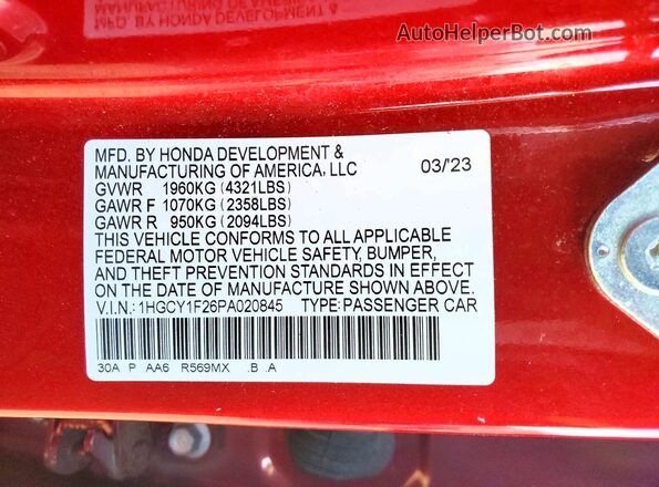 1HGCY1F26PA020845 2023 HONDA ACCORD Red ძრავის განყოფილების ხედი