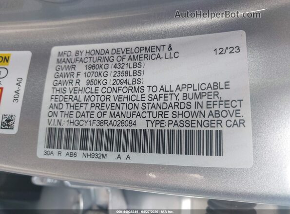 1HGCY1F38RA028084 2024 HONDA ACCORD Серебряный Вид подкапотного пространства
