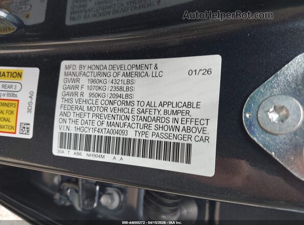 1HGCY1F4XTA004093 2026 HONDA ACCORD Синий Вид подкапотного пространства