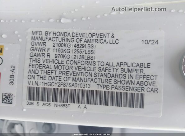 1HGCY2F87SA010313 2025 HONDA ACCORD HYBRID White Engine compartment view