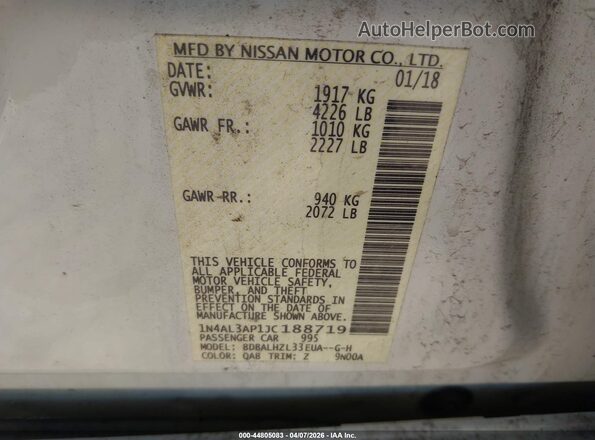 1N4AL3AP1JC188719 2018 NISSAN ALTIMA White Vista del compartimento del motor