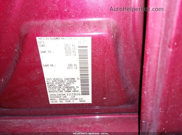 1N4AL3AP2HC227926 2017 NISSAN ALTIMA Maroon Vista del compartimento del motor